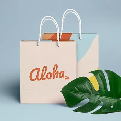 Cristina Lain Se muestran dos bolsas de la compra de color pastel con asas de cuerda blanca sobre un fondo azul claro. Una de las bolsas lleva la palabra "Aloha" en naranja. Delante de las bolsas hay una hoja tropical verde. Branding Fotografía Mentorias