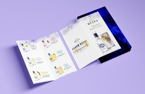 Cristina Lain Un folleto con un diseño elegante se abre sobre una superficie violeta y muestra la marca de varias bebidas embotelladas. Presenta imágenes y descripciones junto a una caja de embalaje azul y blanca. El diseño es moderno y visualmente atractivo. Branding Fotografía Mentorias