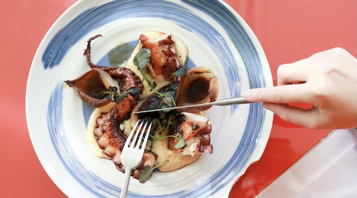 Cristina Lain Una mano utiliza hábilmente un tenedor y un cuchillo para cortar tentáculos de pulpo a la parrilla, elegantemente dispuestos sobre un puré cremoso y adornados con hierbas. Esta sorprendente fotografía captura el plato en un plato de cerámica redondo con detalles azules, sobre una superficie de mesa de color naranja brillante. Branding Fotografía Mentorias